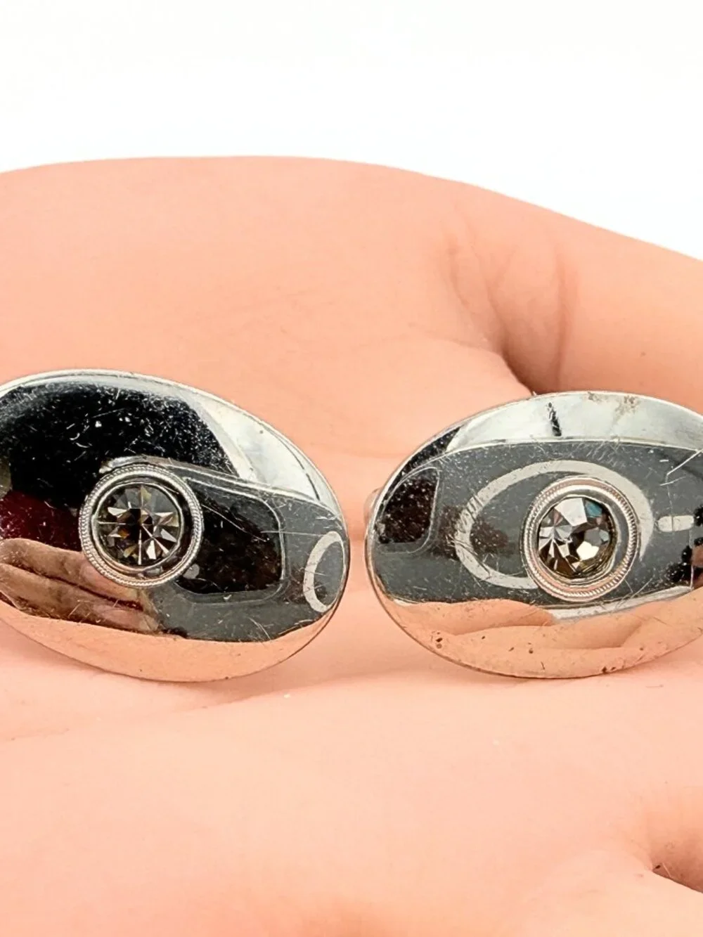 Anson Signed Art Deco Style MCM Silver Plated Rhinestones Minimalist Cufflinks
